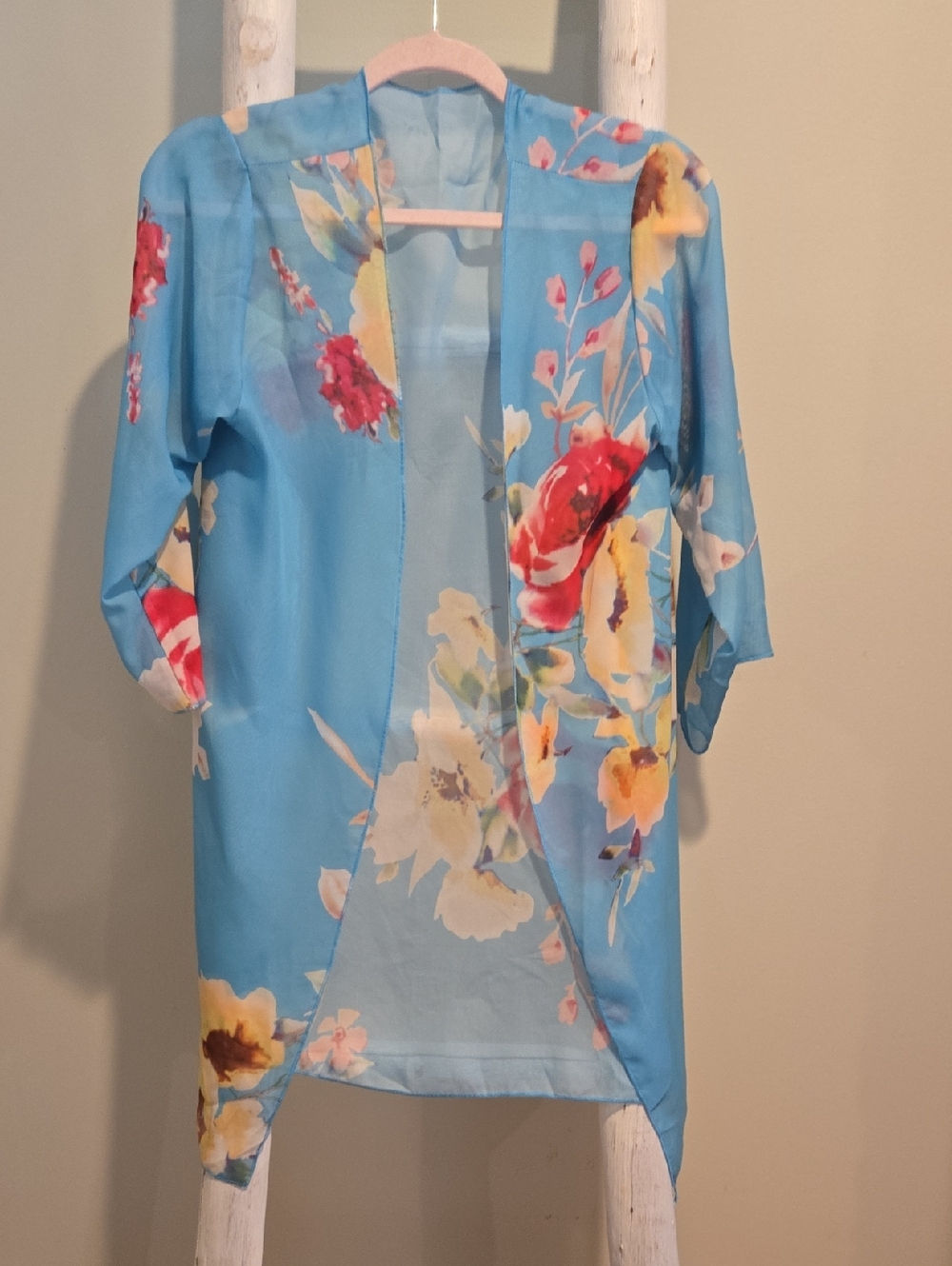 Bright Blue Floral Sheer Kimono Swim Coverup Medium